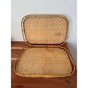 Rattan wicker bamboo vintage serving  tray set of 2 wooden woven  island tropica